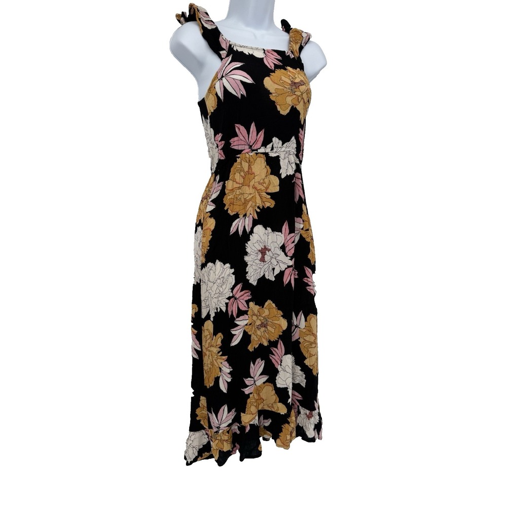 Billabong M Summer Sundress‎ V-Neck Dark Floral Tropical ruffle hem beachy vaca
